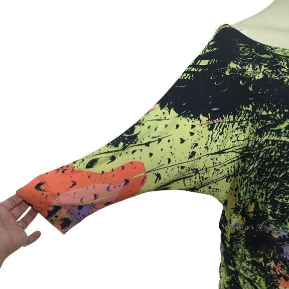 Julian Chang Abstract Art colorful Ruched Drawstring Mini Dress Dolman sleeves M - Picture 10 of 16